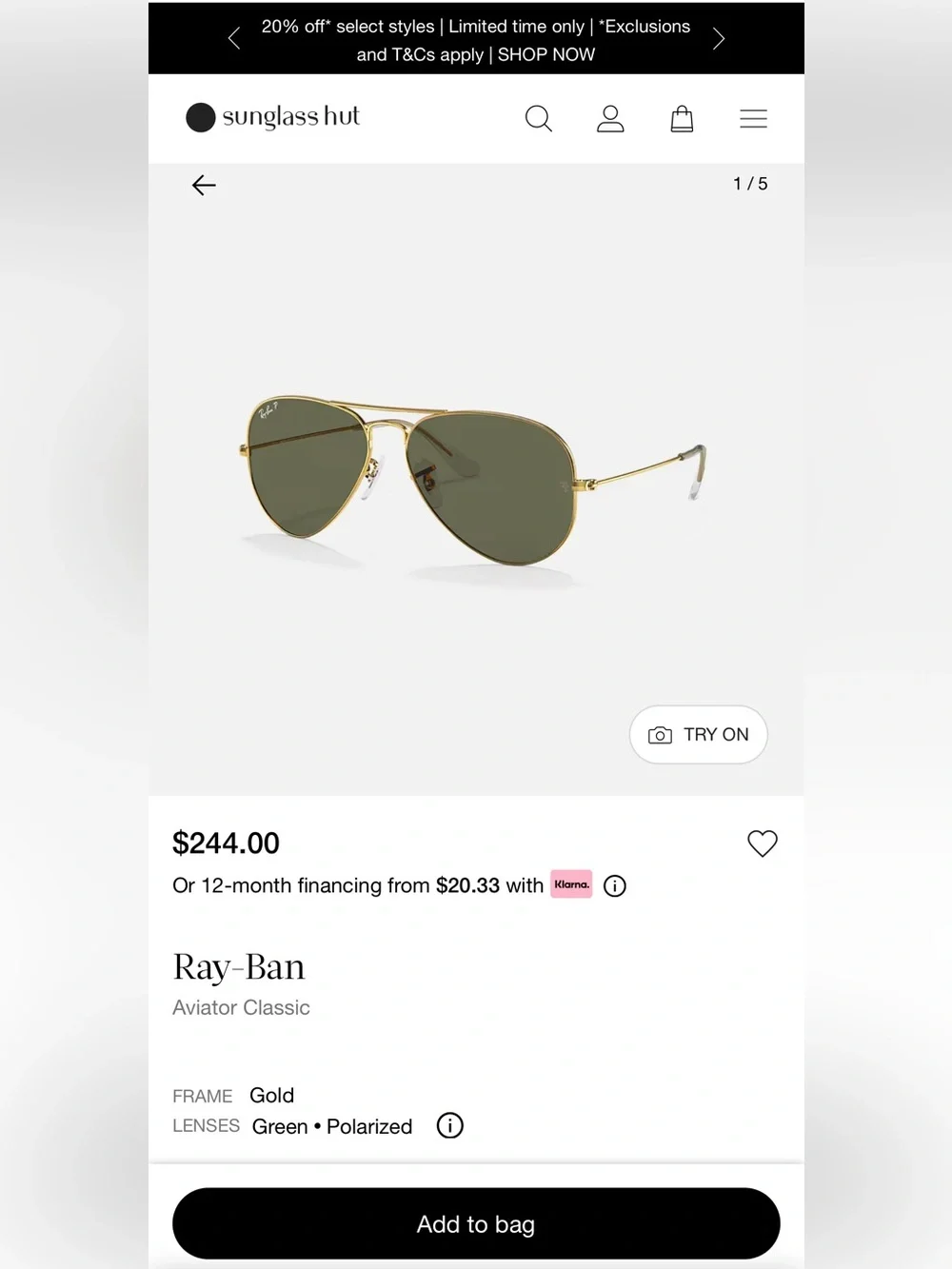RAY-BAN Aviator Classic green polarized with gold frame